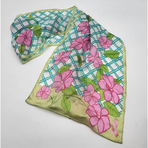 VTG Floral Lattice Pink Green Scarf Breast Cancer Awareness Ribbon - Picture 7 of 7